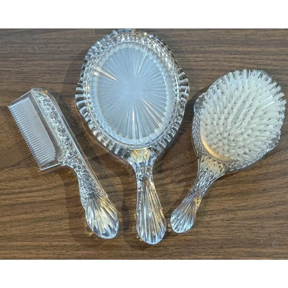 Vtg 3 Pc Godinger Crystal Victorian Style Dresser Vanity Set Mirror Brush Comb